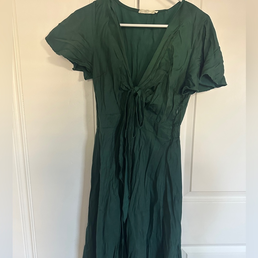 Satin Emerald Green deep V neck tie Dress
